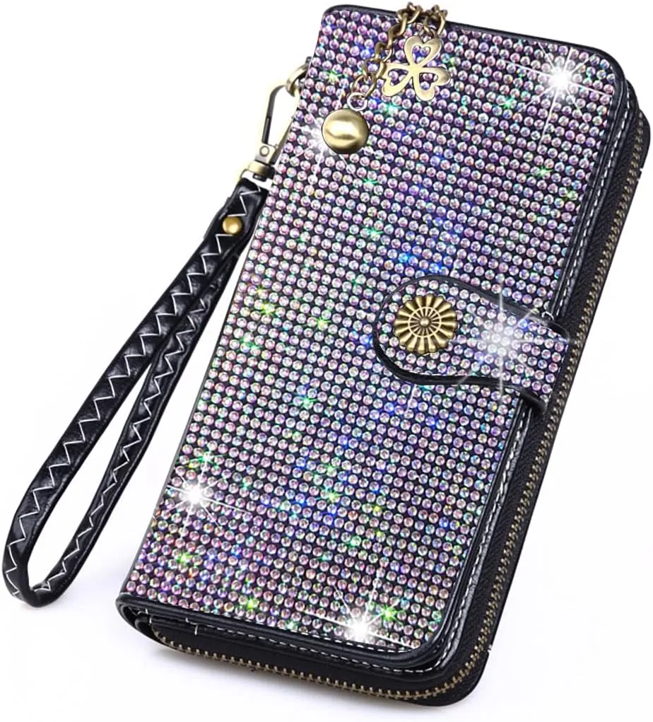 Bling Rhinestone Womens Wallet Wristlet Clutch Handbags Sunflower Lucky Purse Credit Card Holder Large Capacity
