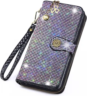 Bling Rhinestone Womens Wallet Wristlet Clutch Handbags Sunflower Lucky Purse Credit Card Holder Large Capacity