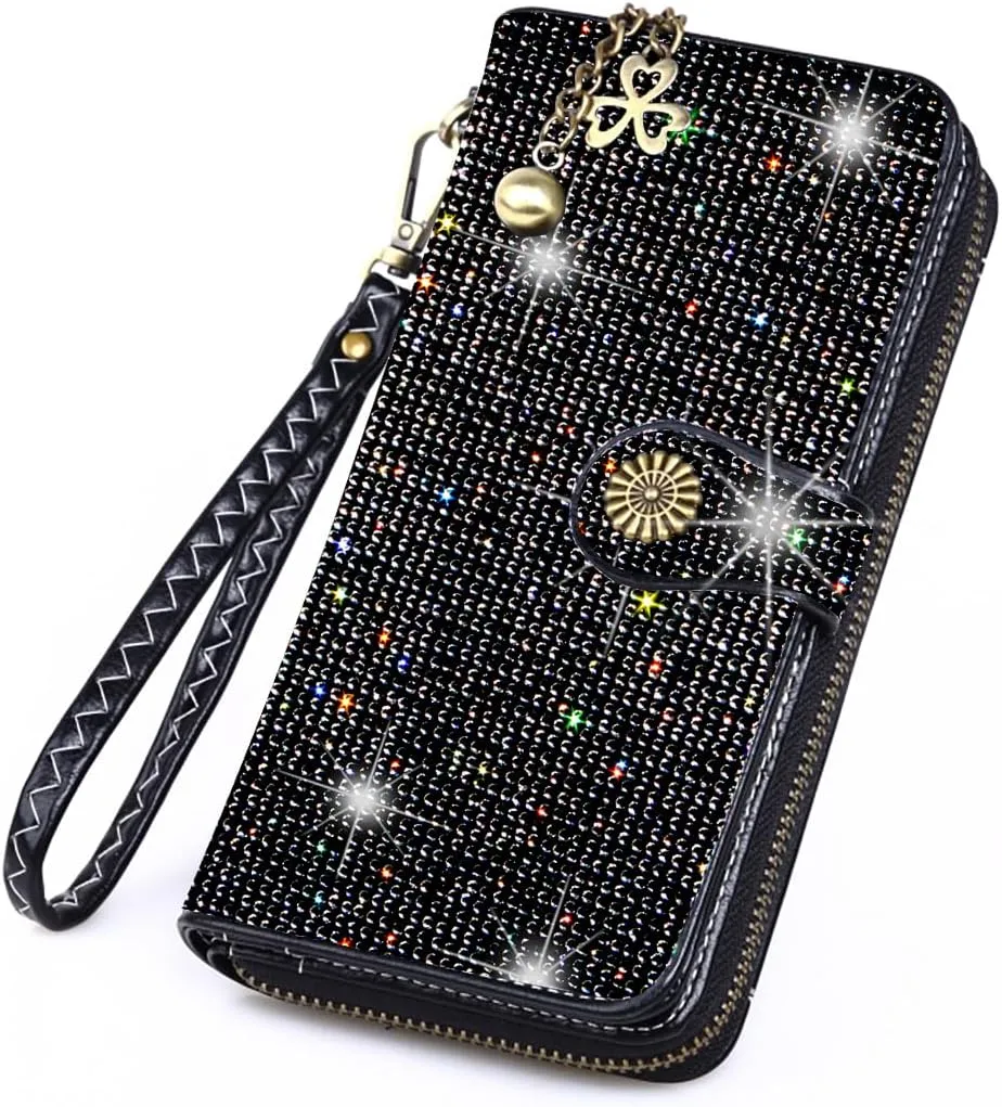 Bling Rhinestone Womens Wallet Wristlet Clutch Handbags Sunflower Lucky Purse Credit Card Holder Large Capacity