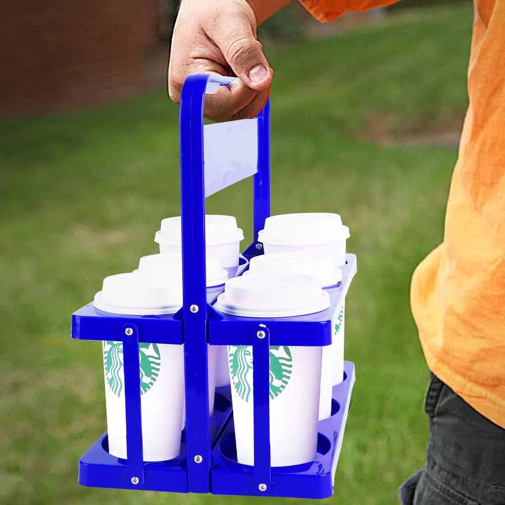 Bodaon 6 Cup Drink Carrier with Handle, Plastic Cup Holders for GrubHub/Doordash Delivery, Reusable Foldable Car Drink Caddy, Leakproof Food Delivery Accessories, 360° Secure Grip, Blue