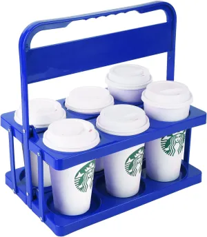 Bodaon 6 Cup Drink Carrier with Handle, Plastic Cup Holders for GrubHub/Doordash Delivery, Reusable Foldable Car Drink Caddy, Leakproof Food Delivery Accessories, 360° Secure Grip, Blue
