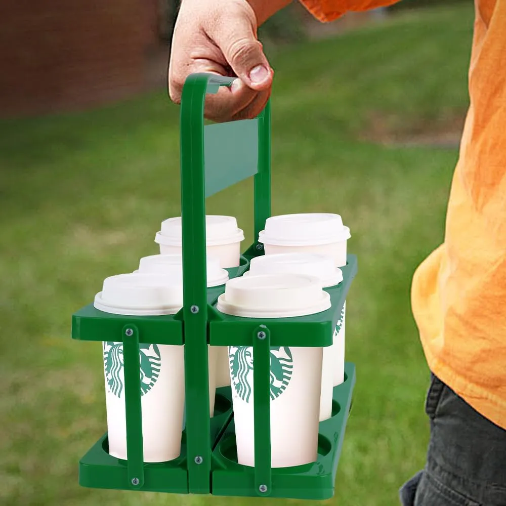 Bodaon 6 Cup Drink Carrier with Handle, Plastic Cup Holders for GrubHub/Doordash Delivery, Reusable Foldable Car Drink Caddy, Leakproof Food Delivery Accessories, 360° Secure Grip, Green