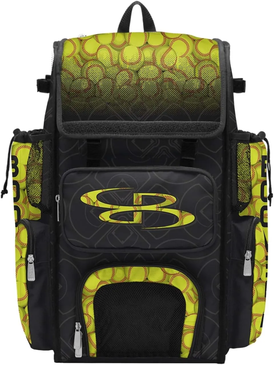Boombah Superpack Bat Bag - Backpack Version (no wheels) - Holds 4 Bats - Softball Black/Optic Yellow/Red