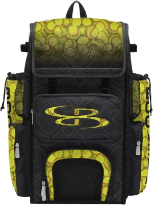 Boombah Superpack Bat Bag - Backpack Version (no wheels) - Holds 4 Bats - Softball Black/Optic Yellow/Red