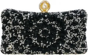 Boutique De FGG Pearl Clasp Crystal Clutch Purses for Women Evening Bags Wedding Handbag Party Rhinestone Clutch Bag,Mini,Black