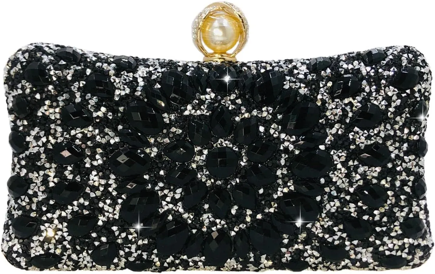 Boutique De FGG Pearl Clasp Crystal Clutch Purses for Women Evening Bags Wedding Handbag Party Rhinestone Clutch Bag,Mini,Black