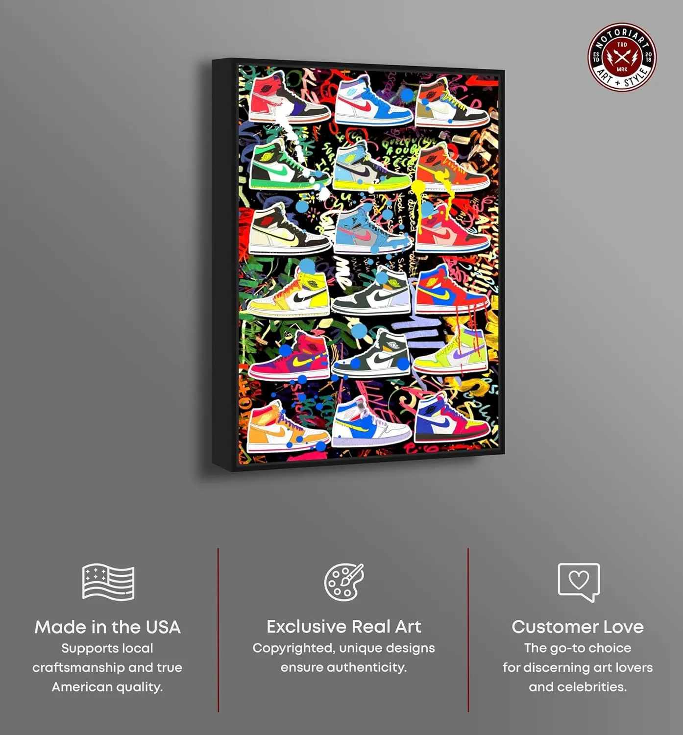 Bright and Bold Sneaker Collection Canvas Urban Graffiti Wall Art by Notoriart, Black Frame, 10" x 15"