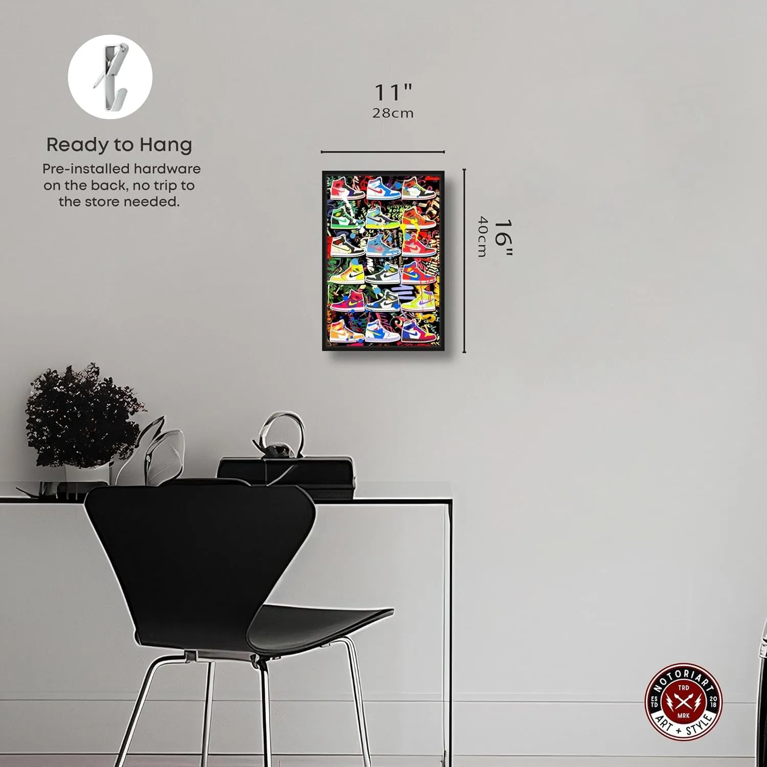 Bright and Bold Sneaker Collection Canvas Urban Graffiti Wall Art by Notoriart, Black Frame, 10" x 15"