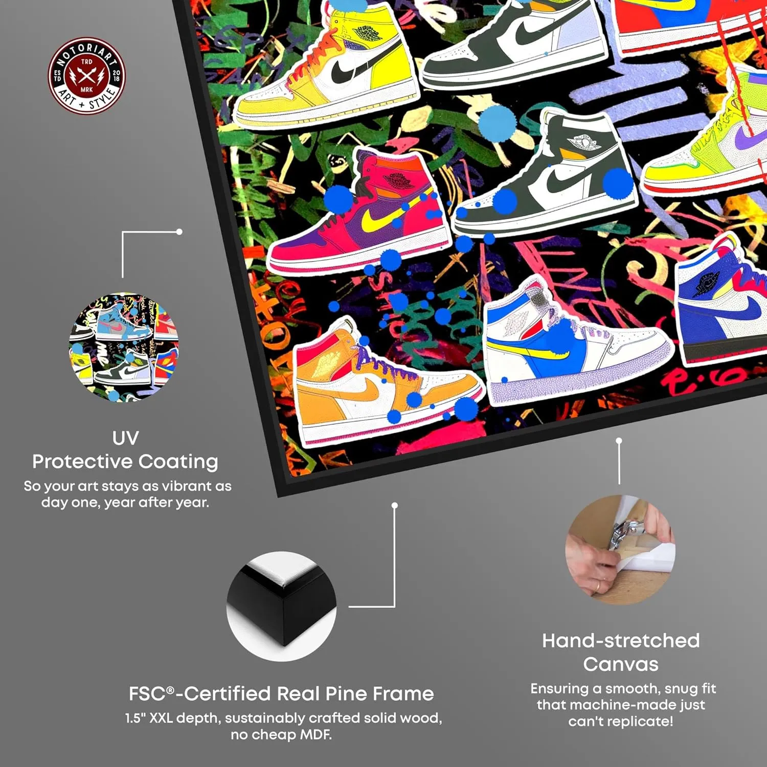 Bright and Bold Sneaker Collection Canvas Urban Graffiti Wall Art by Notoriart, Black Frame, 10" x 15"