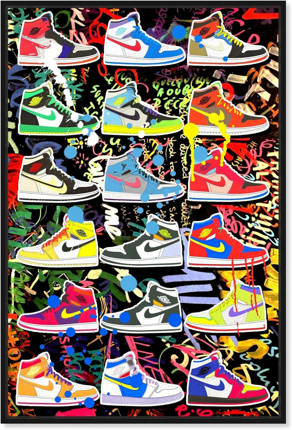 Bright and Bold Sneaker Collection Canvas Urban Graffiti Wall Art by Notoriart, Black Frame, 10" x 15"