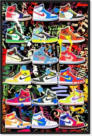 Bright and Bold Sneaker Collection Canvas Urban Graffiti Wall Art by Notoriart, Black Frame, 10" x 15"