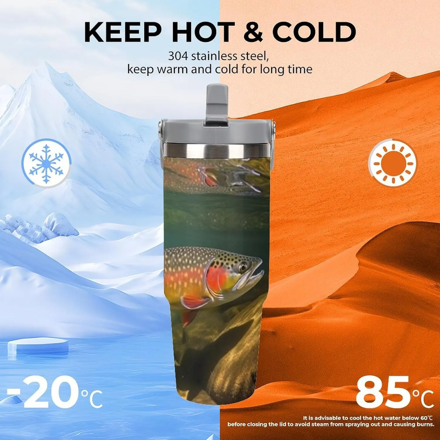 Brook Trout Fly Fishing 30 Oz Tumbler with Handle And Flip Straw, Stainless Steel Vacuum Insulated Travel Mug, Thermal Cup for Coffee, Water, Iced Drinks, Fits Car Cup Holders (Home, Sports)