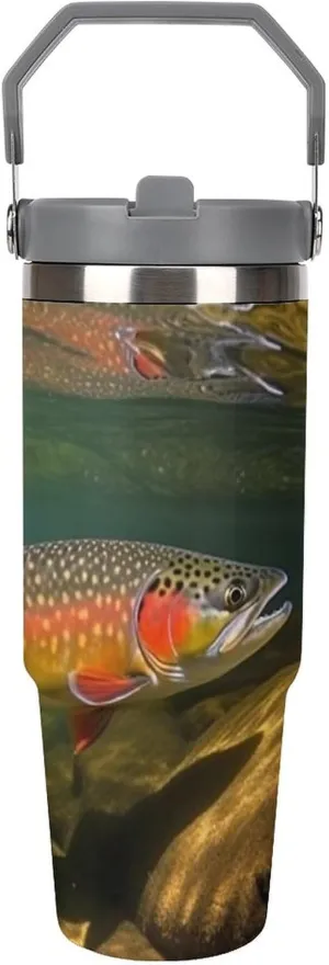 Brook Trout Fly Fishing 30 Oz Tumbler with Handle And Flip Straw, Stainless Steel Vacuum Insulated Travel Mug, Thermal Cup for Coffee, Water, Iced Drinks, Fits Car Cup Holders (Home, Sports)
