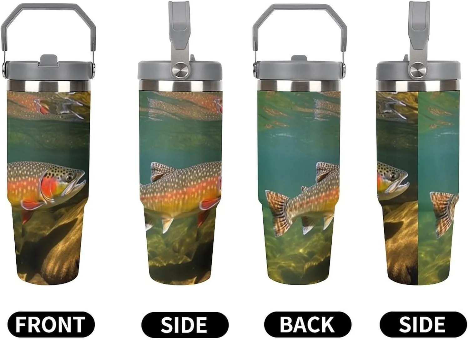 Brook Trout Fly Fishing 30 Oz Tumbler with Handle And Flip Straw, Stainless Steel Vacuum Insulated Travel Mug, Thermal Cup for Coffee, Water, Iced Drinks, Fits Car Cup Holders (Home, Sports)