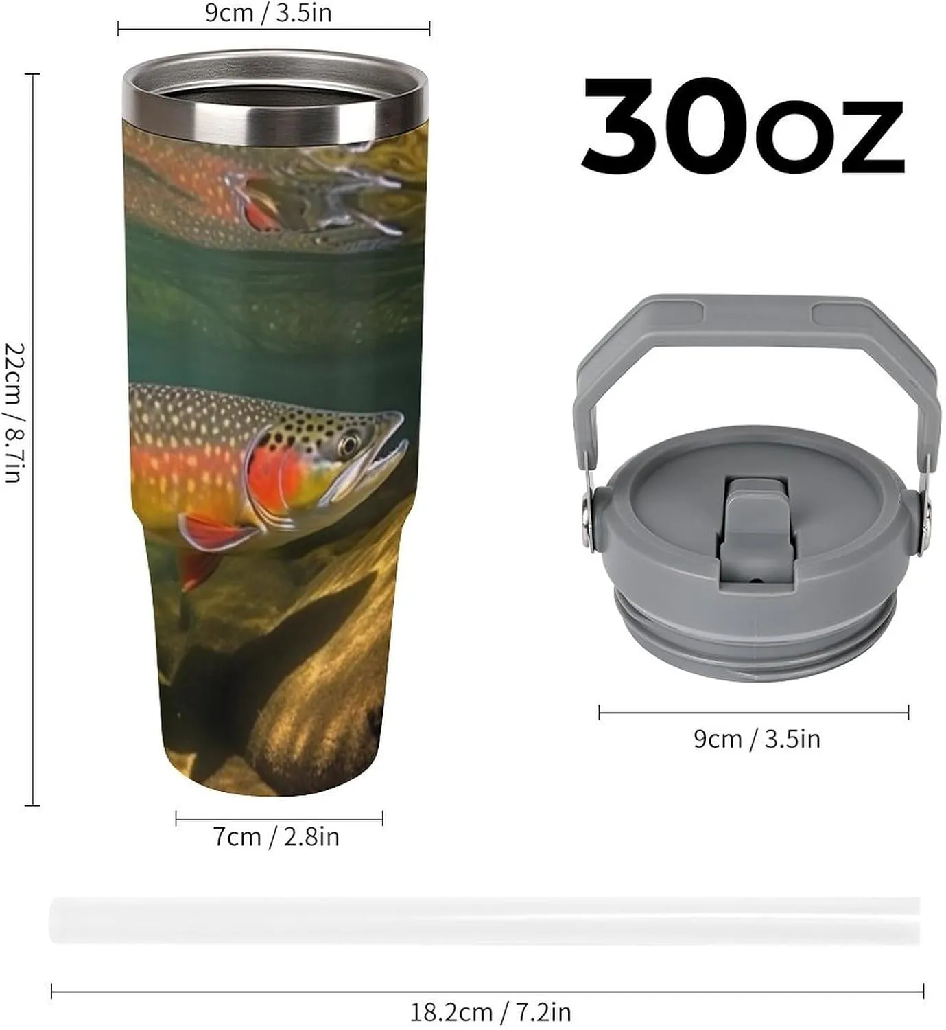 Brook Trout Fly Fishing 30 Oz Tumbler with Handle And Flip Straw, Stainless Steel Vacuum Insulated Travel Mug, Thermal Cup for Coffee, Water, Iced Drinks, Fits Car Cup Holders (Home, Sports)
