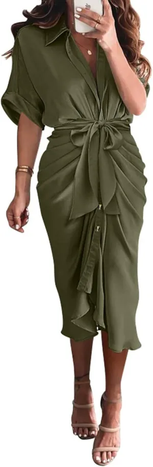 BTFBM 2025 Women Button Down Ruched Shirt Dresses Short Sleeve Lapel V Neck Elegant Party Spring Summer Maxi Satin Dress