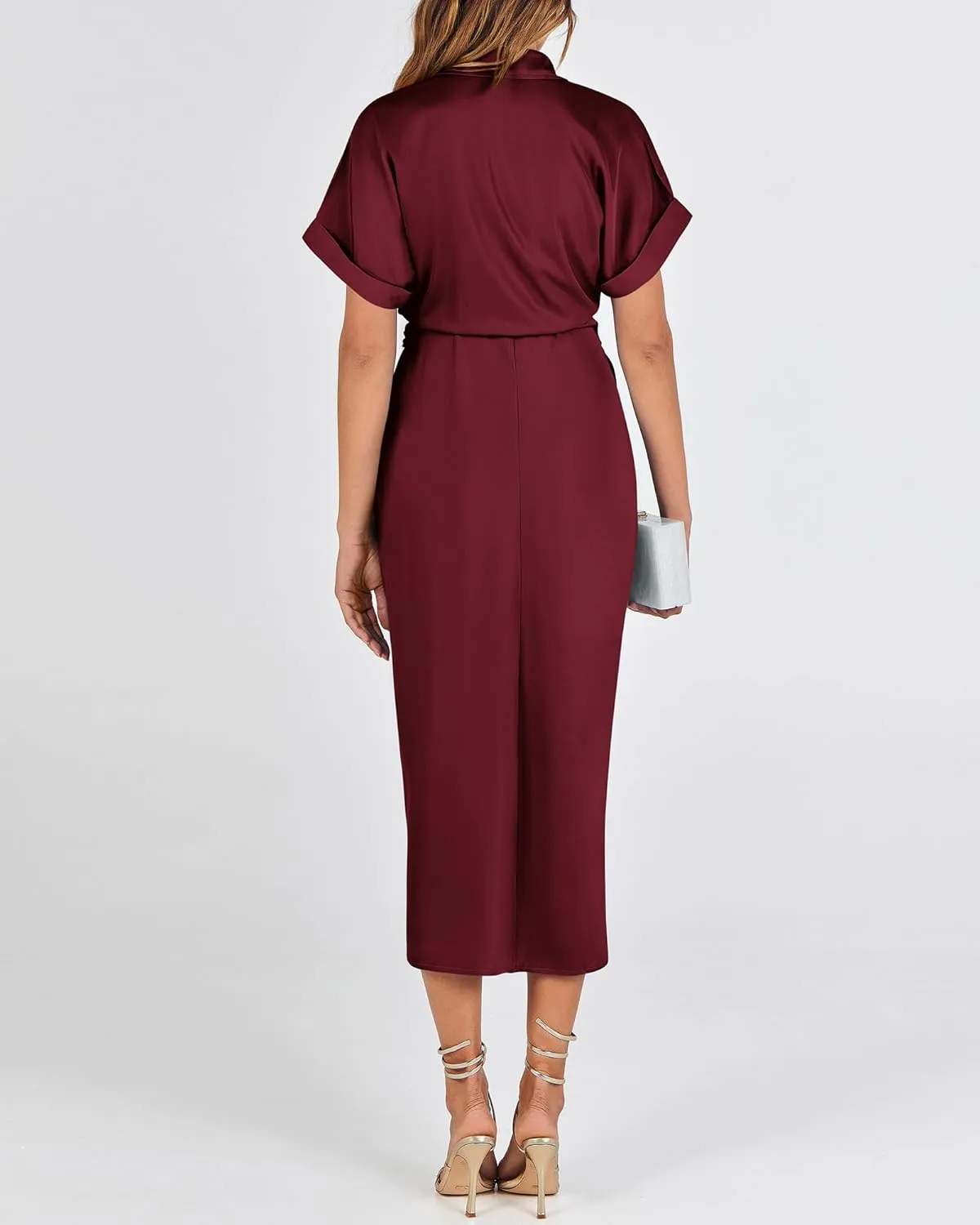 BTFBM 2025 Women Button Down Ruched Shirt Dresses Short Sleeve Lapel V Neck Elegant Party Spring Summer Maxi Satin Dress