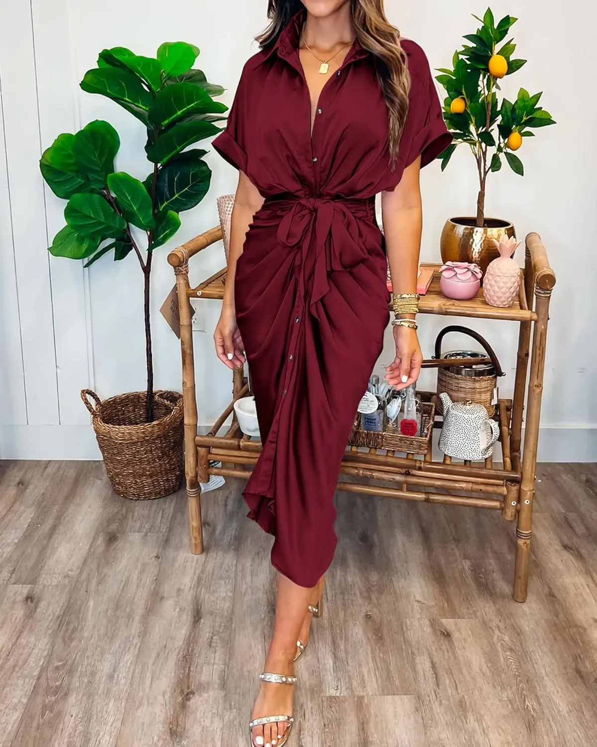 BTFBM 2025 Women Button Down Ruched Shirt Dresses Short Sleeve Lapel V Neck Elegant Party Spring Summer Maxi Satin Dress