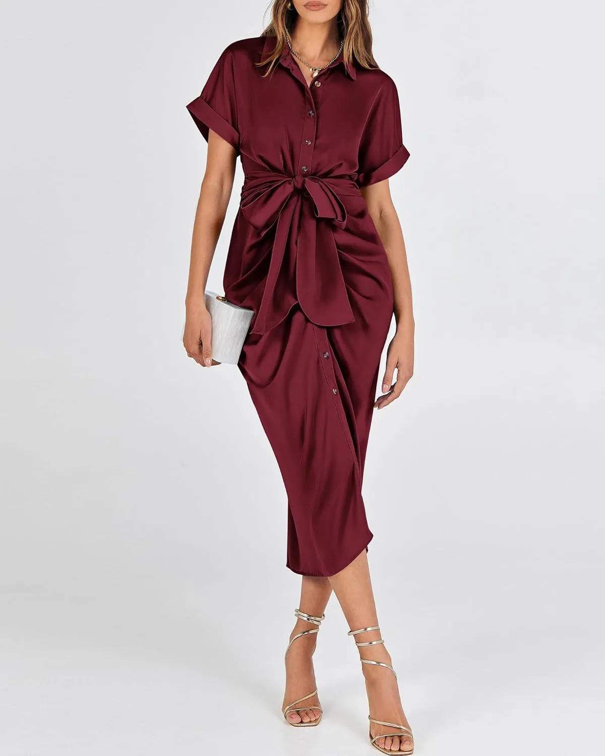 BTFBM 2025 Women Button Down Ruched Shirt Dresses Short Sleeve Lapel V Neck Elegant Party Spring Summer Maxi Satin Dress