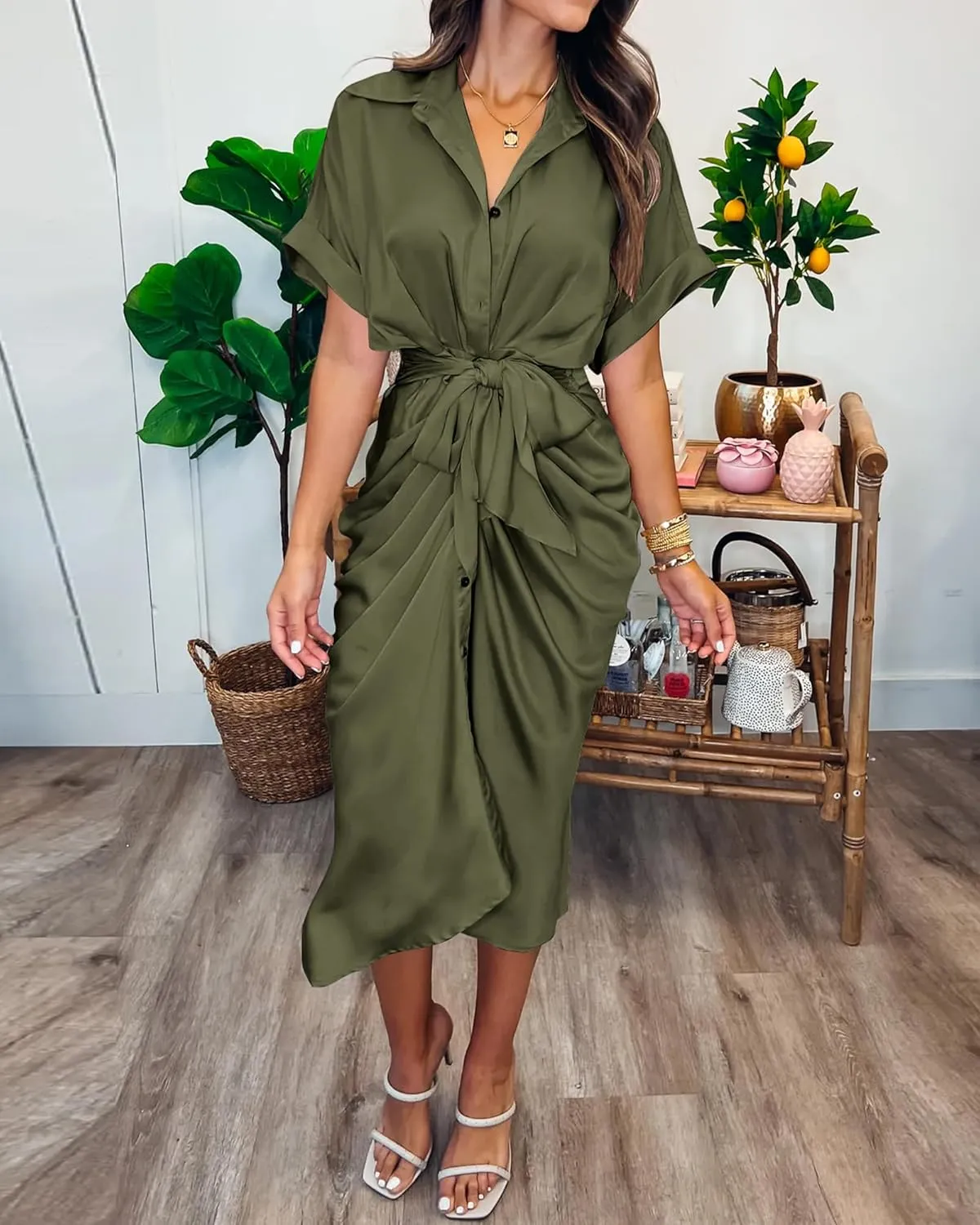 BTFBM 2025 Women Button Down Ruched Shirt Dresses Short Sleeve Lapel V Neck Elegant Party Spring Summer Maxi Satin Dress