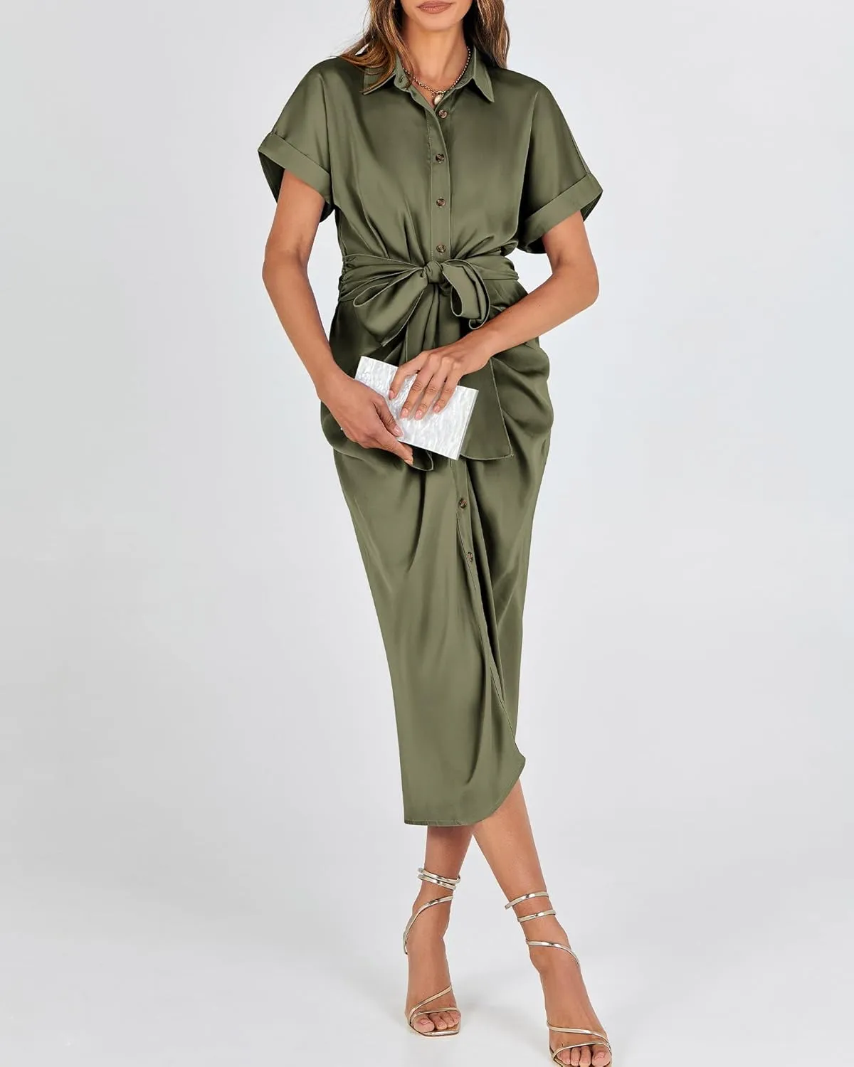 BTFBM 2025 Women Button Down Ruched Shirt Dresses Short Sleeve Lapel V Neck Elegant Party Spring Summer Maxi Satin Dress