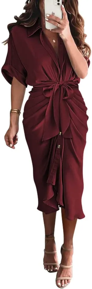 BTFBM 2025 Women Button Down Ruched Shirt Dresses Short Sleeve Lapel V Neck Elegant Party Spring Summer Maxi Satin Dress