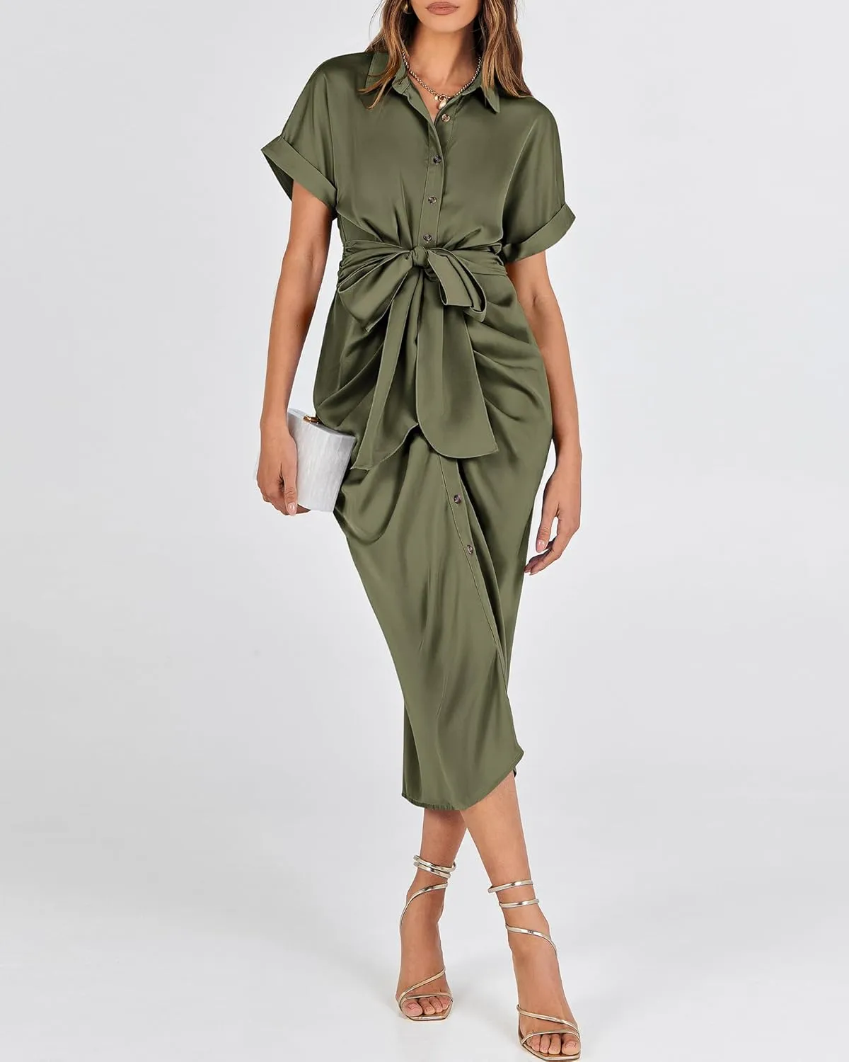 BTFBM 2025 Women Button Down Ruched Shirt Dresses Short Sleeve Lapel V Neck Elegant Party Spring Summer Maxi Satin Dress