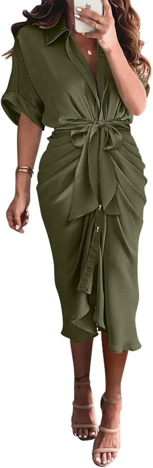 BTFBM 2025 Women Button Down Ruched Shirt Dresses Short Sleeve Lapel V Neck Elegant Party Spring Summer Maxi Satin Dress