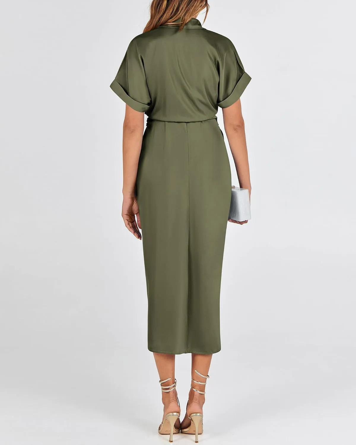 BTFBM 2025 Women Button Down Ruched Shirt Dresses Short Sleeve Lapel V Neck Elegant Party Spring Summer Maxi Satin Dress
