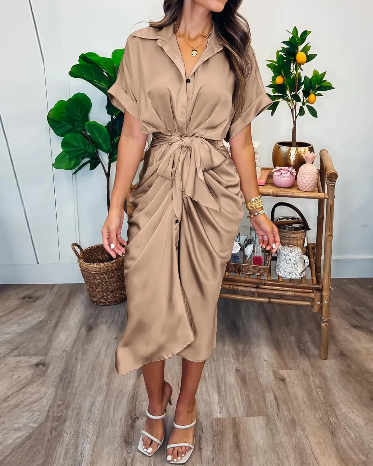 BTFBM 2025 Women Button Down Ruched Shirt Dresses Short Sleeve Lapel V Neck Elegant Party Spring Summer Maxi Satin Dress