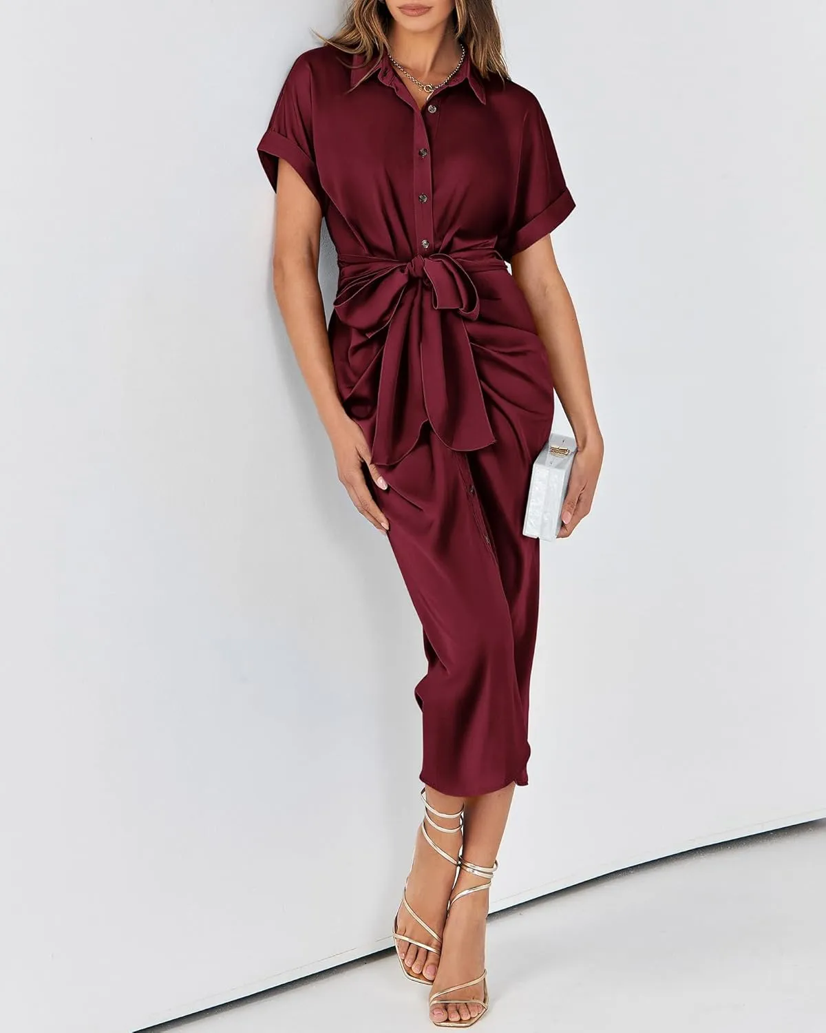 BTFBM 2025 Women Button Down Ruched Shirt Dresses Short Sleeve Lapel V Neck Elegant Party Spring Summer Maxi Satin Dress
