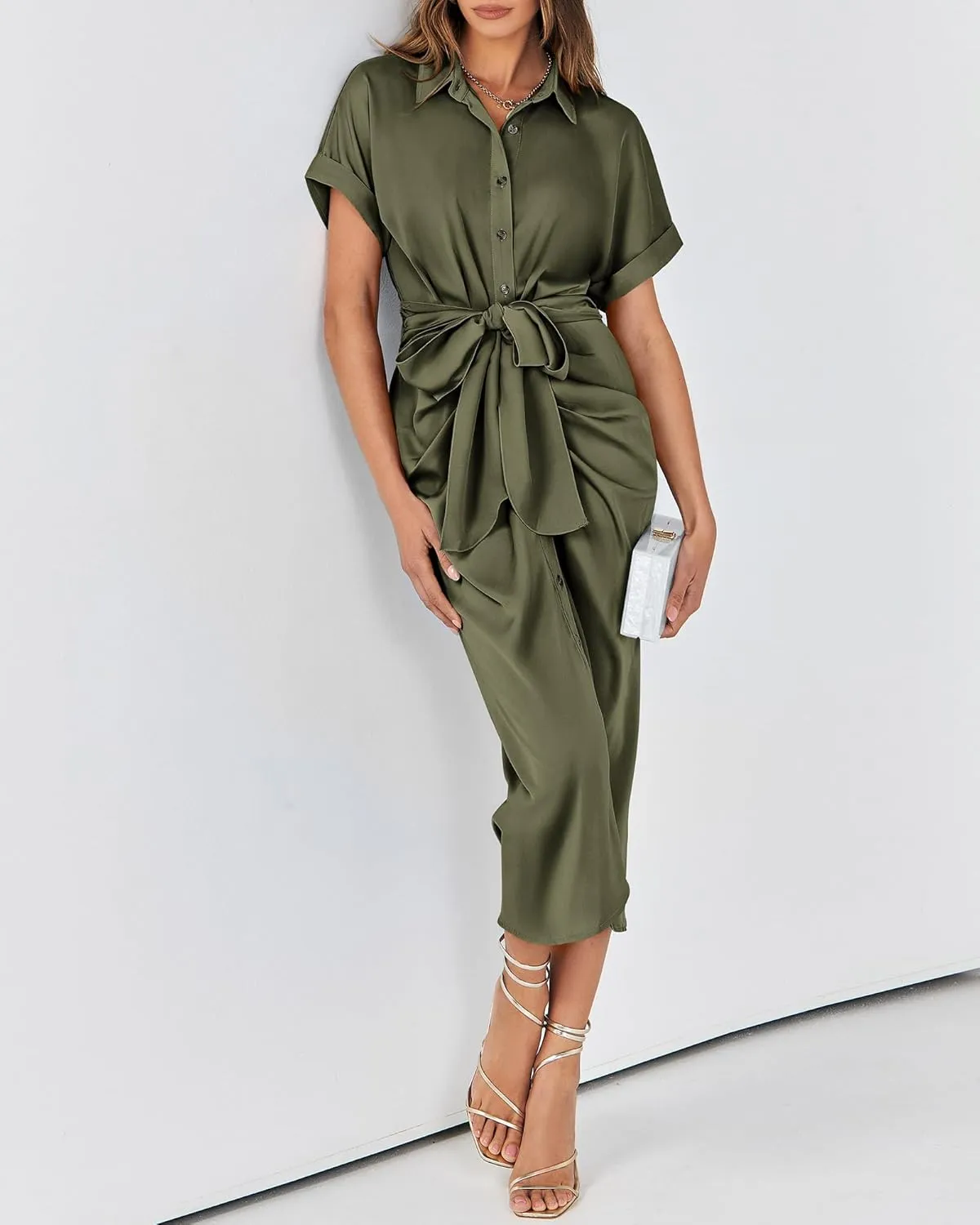 BTFBM 2025 Women Button Down Ruched Shirt Dresses Short Sleeve Lapel V Neck Elegant Party Spring Summer Maxi Satin Dress