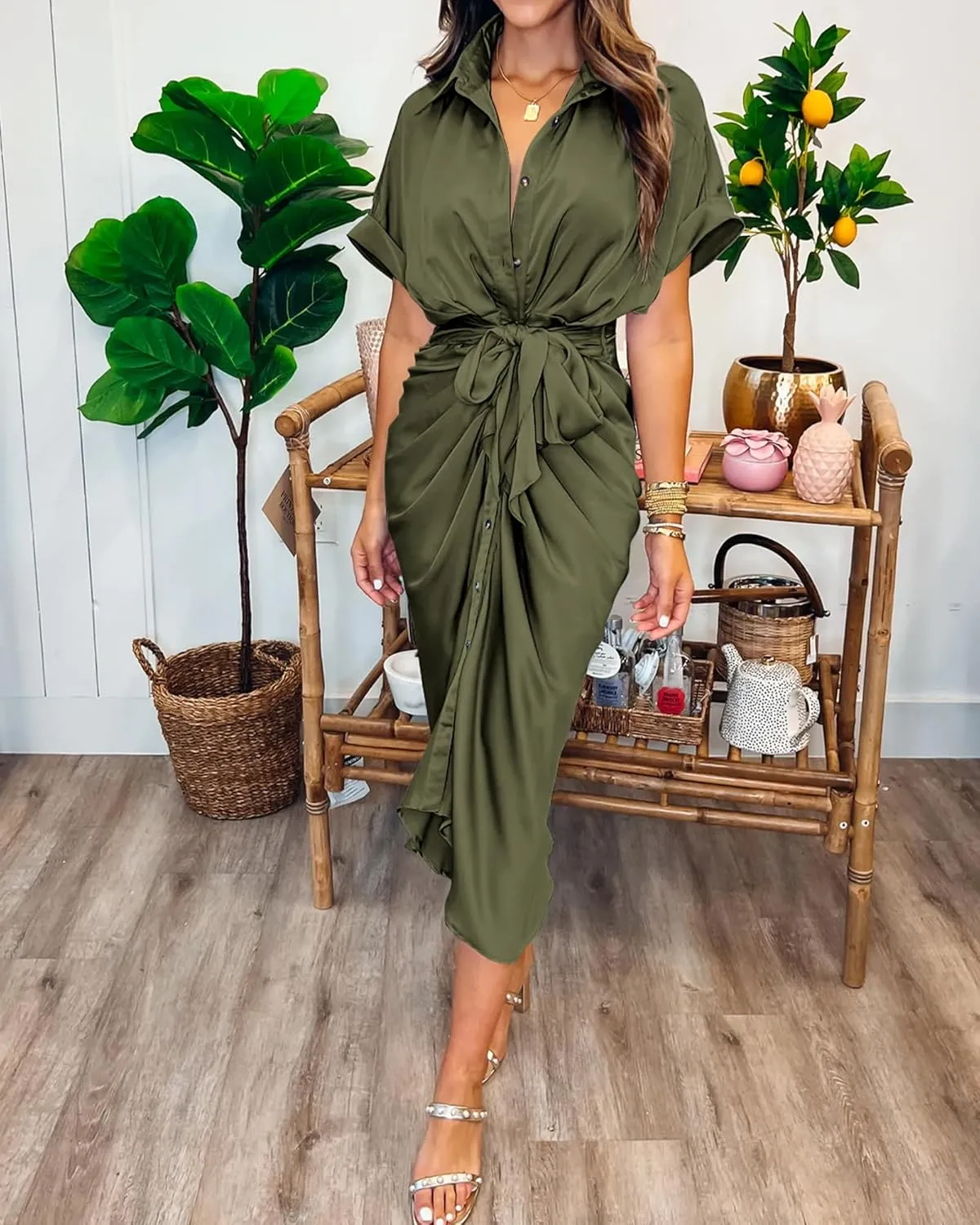 BTFBM 2025 Women Button Down Ruched Shirt Dresses Short Sleeve Lapel V Neck Elegant Party Spring Summer Maxi Satin Dress