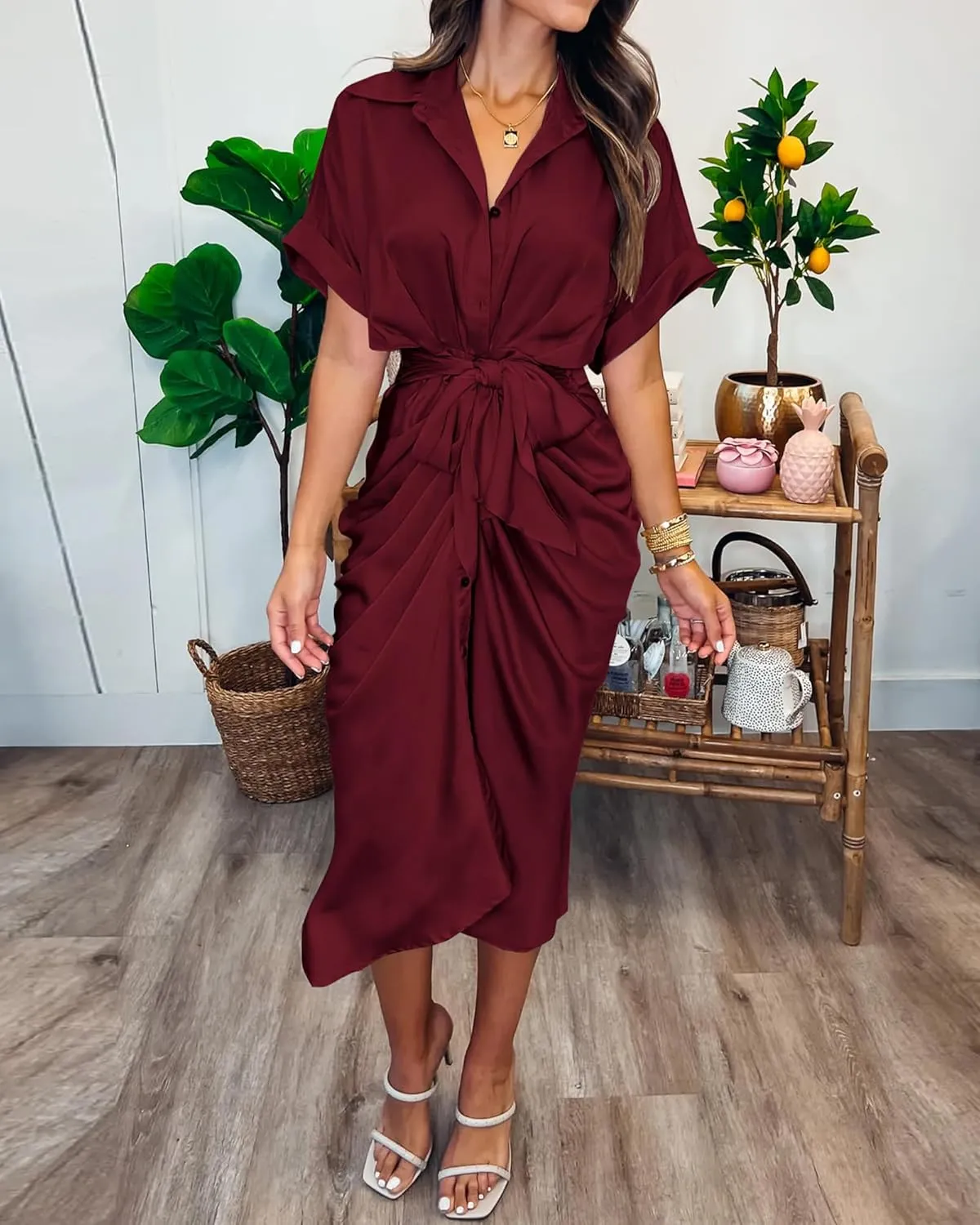 BTFBM 2025 Women Button Down Ruched Shirt Dresses Short Sleeve Lapel V Neck Elegant Party Spring Summer Maxi Satin Dress