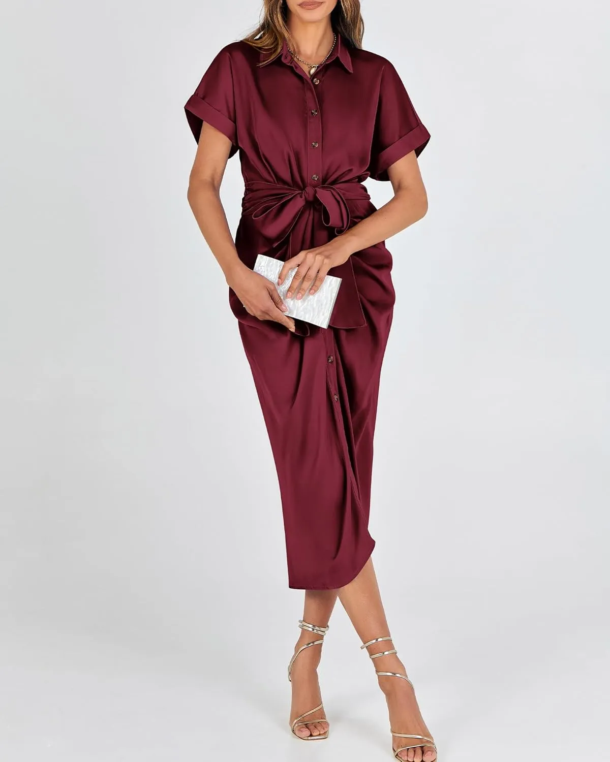BTFBM 2025 Women Button Down Ruched Shirt Dresses Short Sleeve Lapel V Neck Elegant Party Spring Summer Maxi Satin Dress