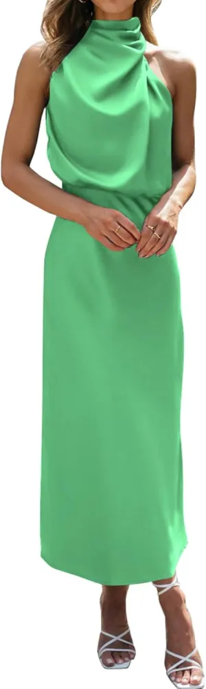 BTFBM Womens Sleeveless Cocktail Dresses Mock Neck Keyhole Elastic High Waist Evening Party Maxi Wedding Guest Dress