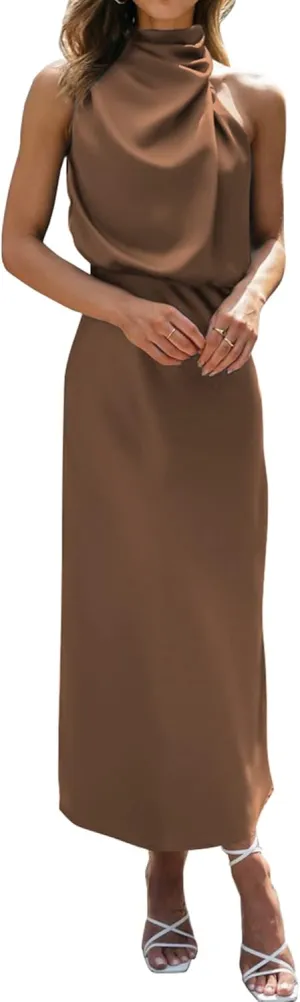 BTFBM Womens Sleeveless Cocktail Dresses Mock Neck Keyhole Elastic High Waist Evening Party Maxi Wedding Guest Dress