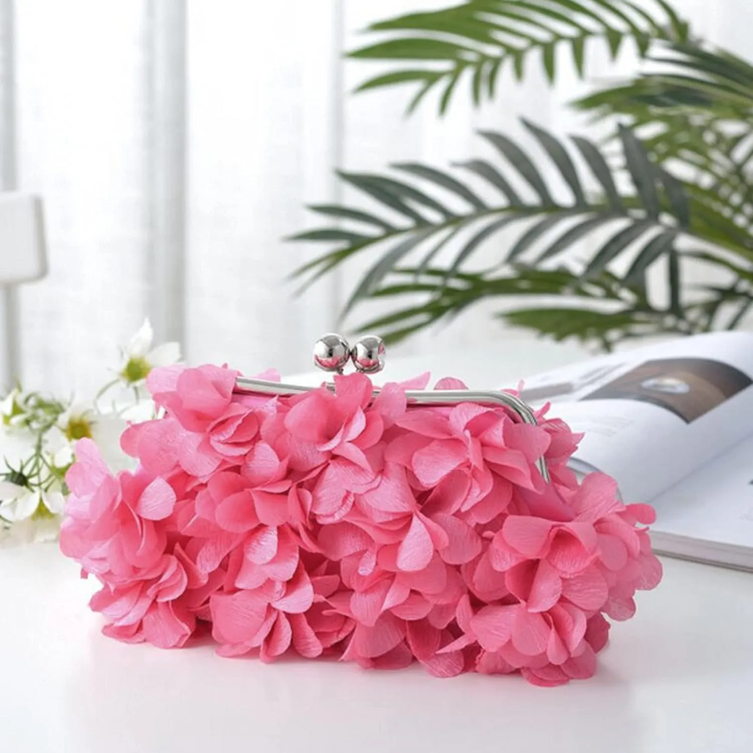 Buddy Women Rose Shaped Clutch Soft Satin Wristlet Handbag Wedding Party Purse