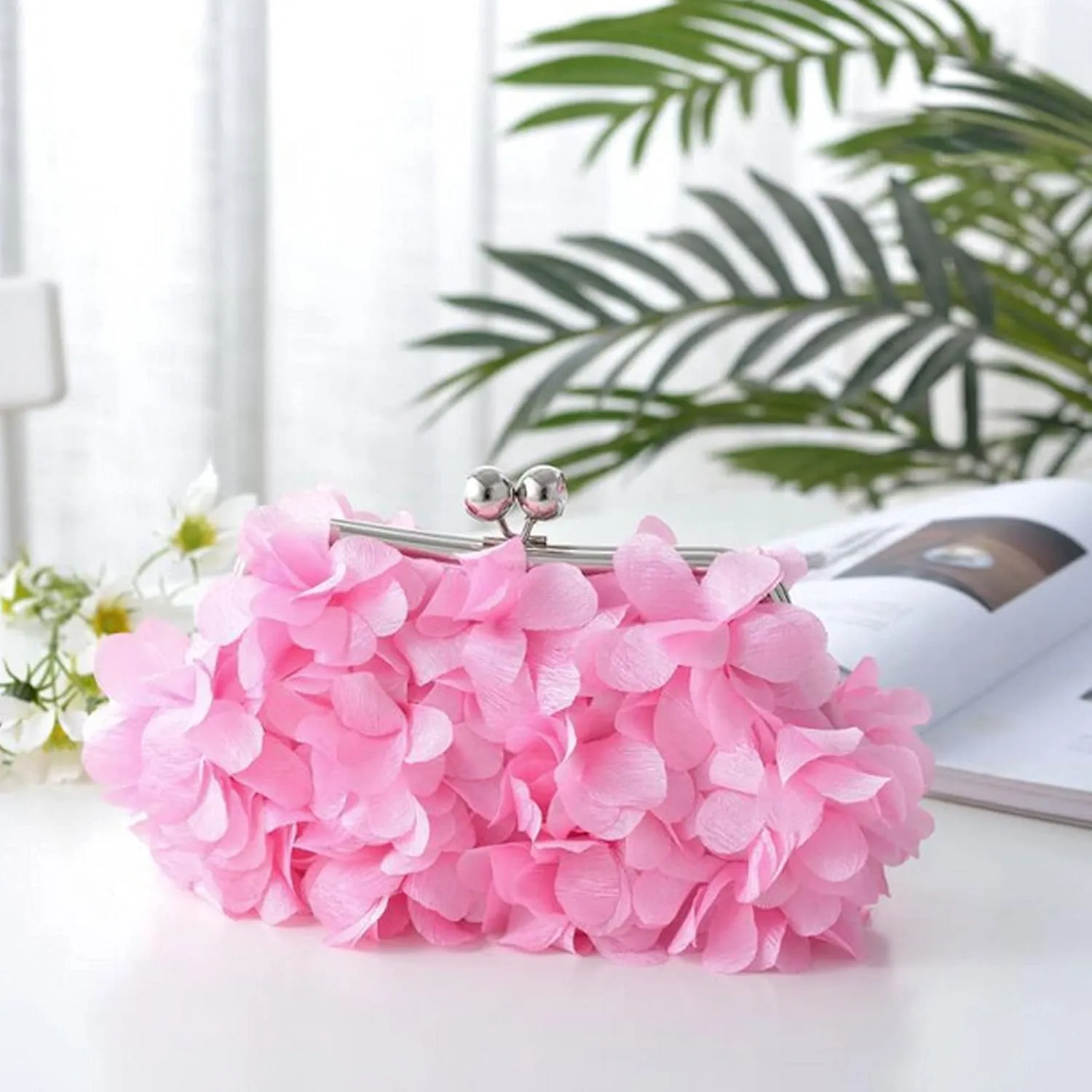 Buddy Women Rose Shaped Clutch Soft Satin Wristlet Handbag Wedding Party Purse