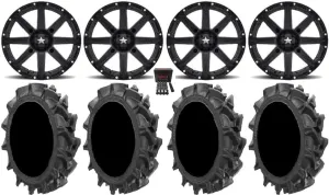 Bundle - 9 Items: MSA Black Clutch 14" UTV Wheels 28" MotoHavok Tires [4x137 Bolt Pattern 12mmx1.25 Lug Kit]