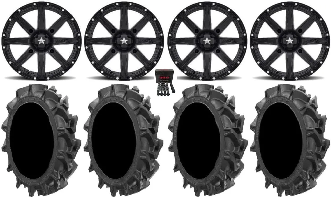 Bundle - 9 Items: MSA Black Clutch 14" UTV Wheels 28" MotoHavok Tires [4x137 Bolt Pattern 12mmx1.25 Lug Kit]