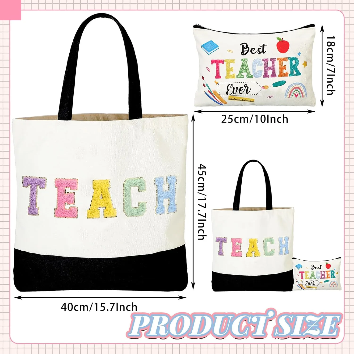 Buryeah 2 Pcs Teacher Appreciation Gift Canvas Tote Bag with Makeup Bag Thank You Teacher Tote for Women Graduation