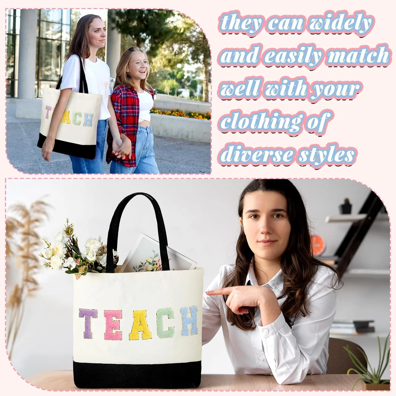 Buryeah 2 Pcs Teacher Appreciation Gift Canvas Tote Bag with Makeup Bag Thank You Teacher Tote for Women Graduation