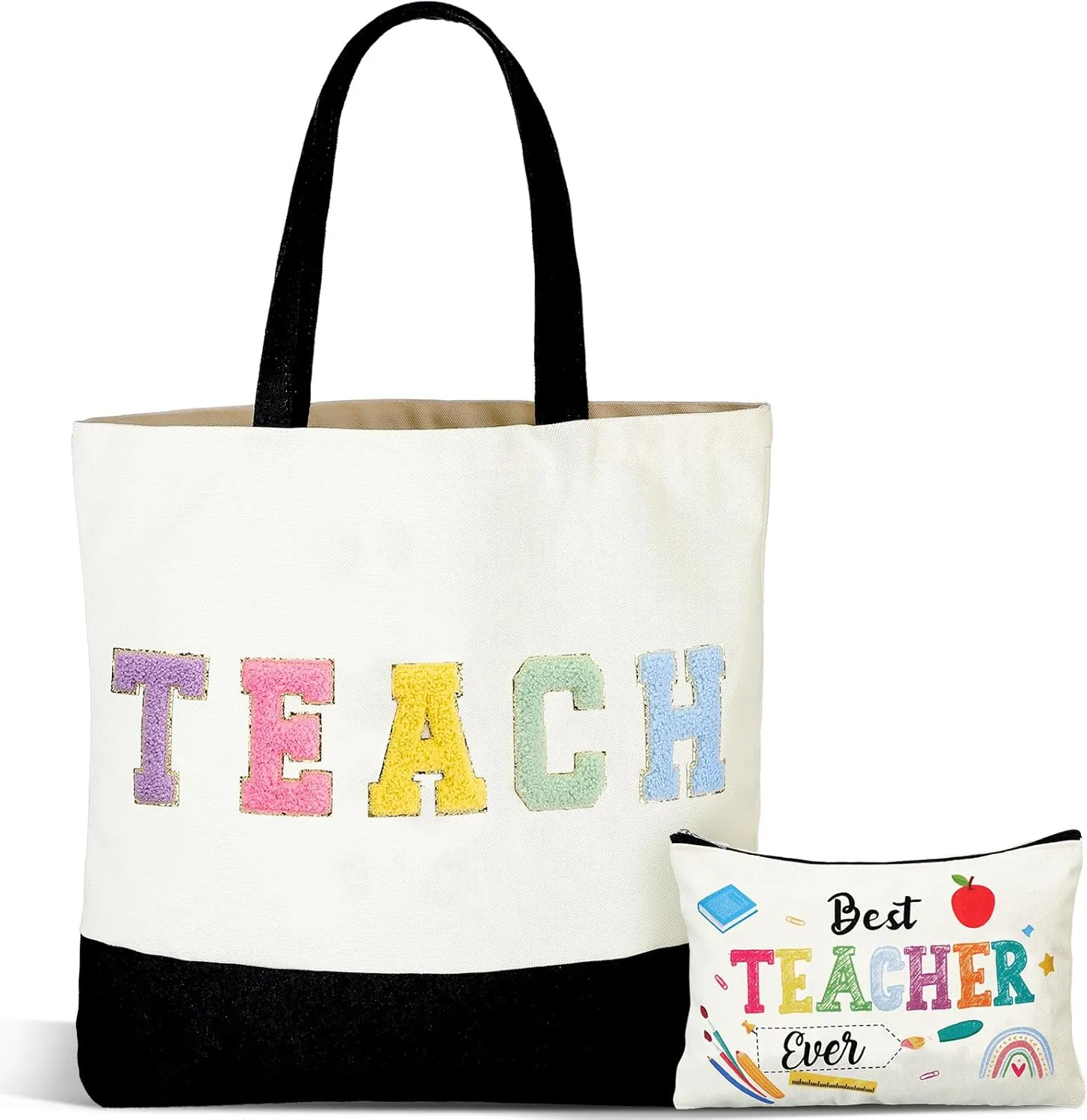 Buryeah 2 Pcs Teacher Appreciation Gift Canvas Tote Bag with Makeup Bag Thank You Teacher Tote for Women Graduation