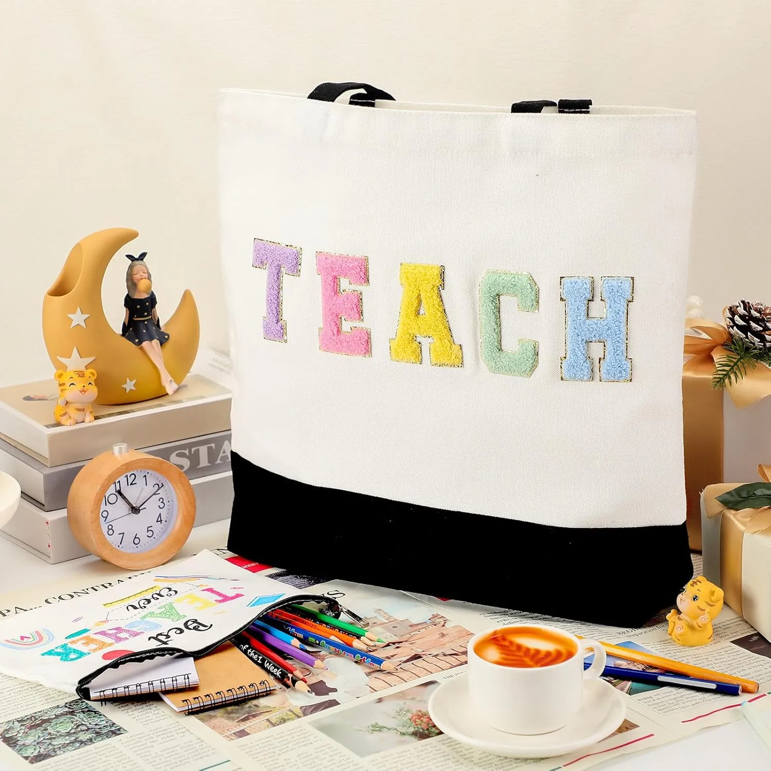 Buryeah 2 Pcs Teacher Appreciation Gift Canvas Tote Bag with Makeup Bag Thank You Teacher Tote for Women Graduation