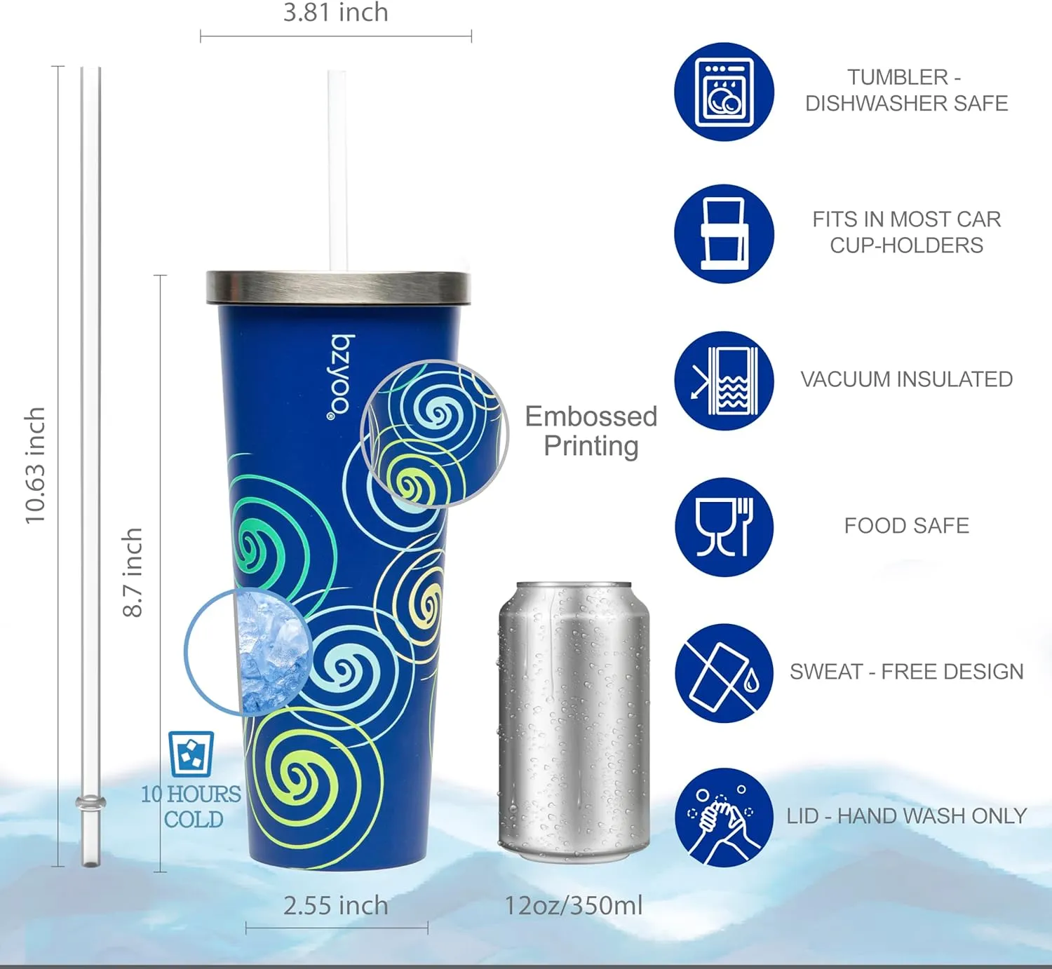 bzyoo SUP Double Wall Vacuum Insulated Tumbler with Straw and Lid Stainless Steel Water Bottle Travel Mug Cup, Mother's Day Gift Perfect For Ice Coffee or Tea (710ml) Color: Blue Swirl