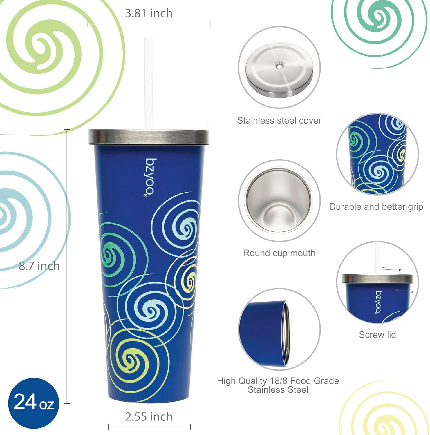 bzyoo SUP Double Wall Vacuum Insulated Tumbler with Straw and Lid Stainless Steel Water Bottle Travel Mug Cup, Mother's Day Gift Perfect For Ice Coffee or Tea (710ml) Color: Blue Swirl