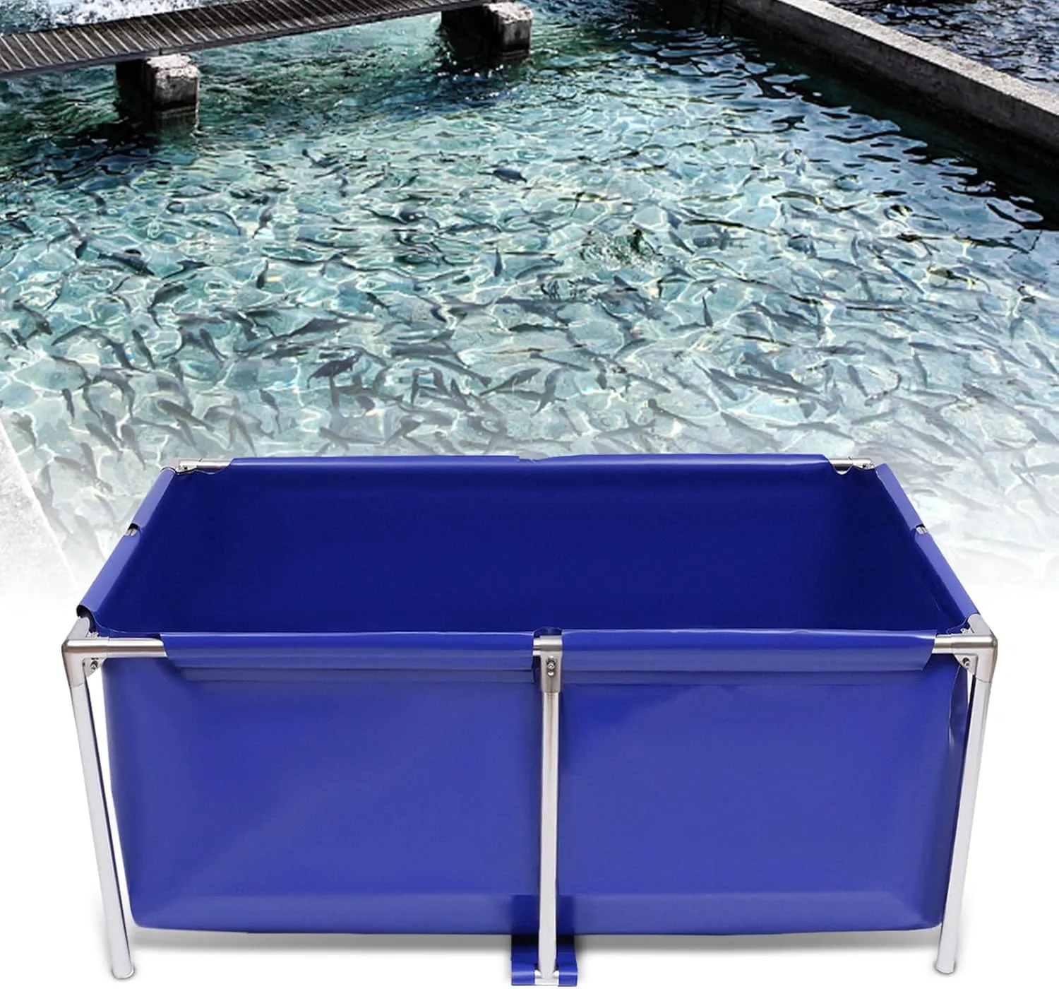 Canvas Fish Pond, Above Ground Pond with Steel Frame, Drain Valve, Blue Aquarium Pool Pond, Koi Pond, Foldable Water Storage Pond, Display Show Tank