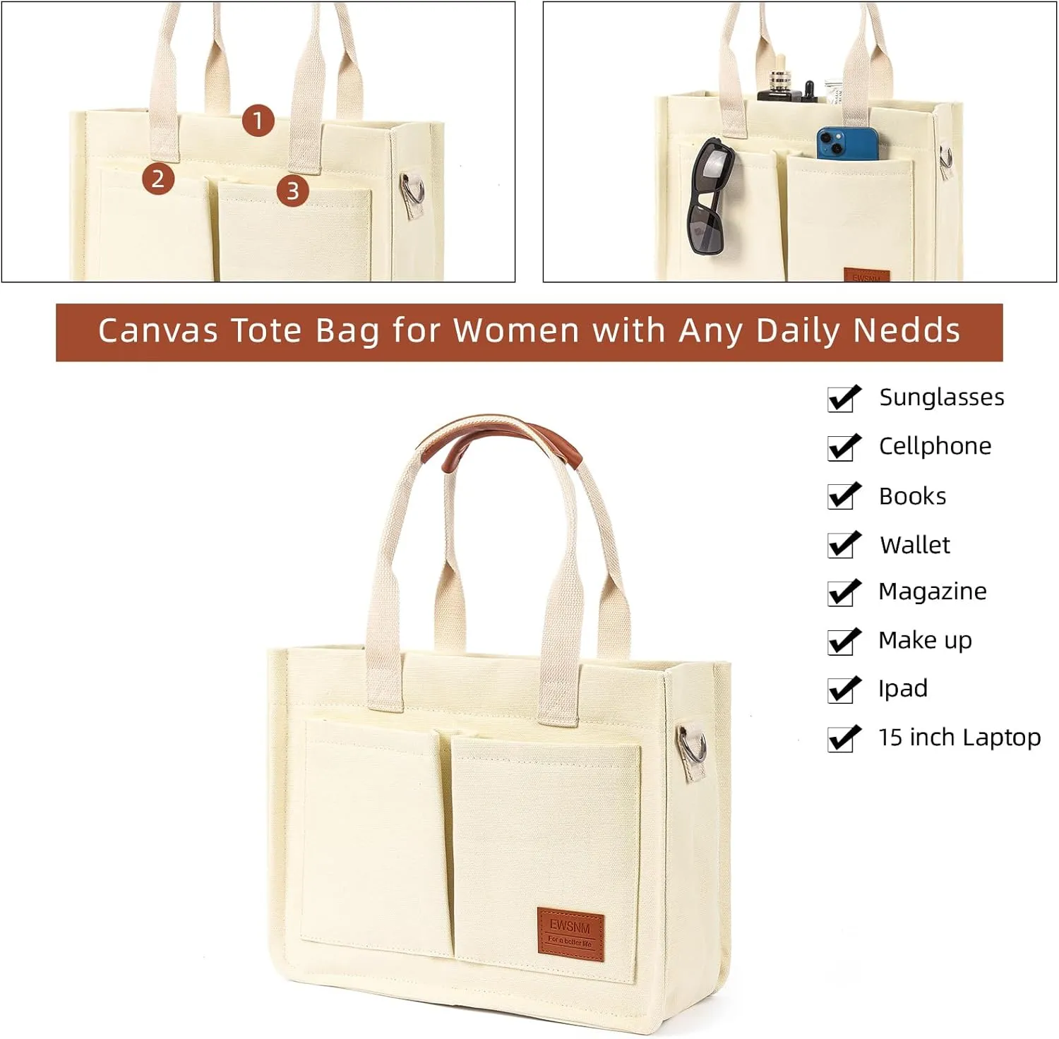 Canvas Tote Bag for Women, Large Laptop Travel Tote Handbag Totes with Crossbody Shoulder Teachers Reusable Grocery Bags
