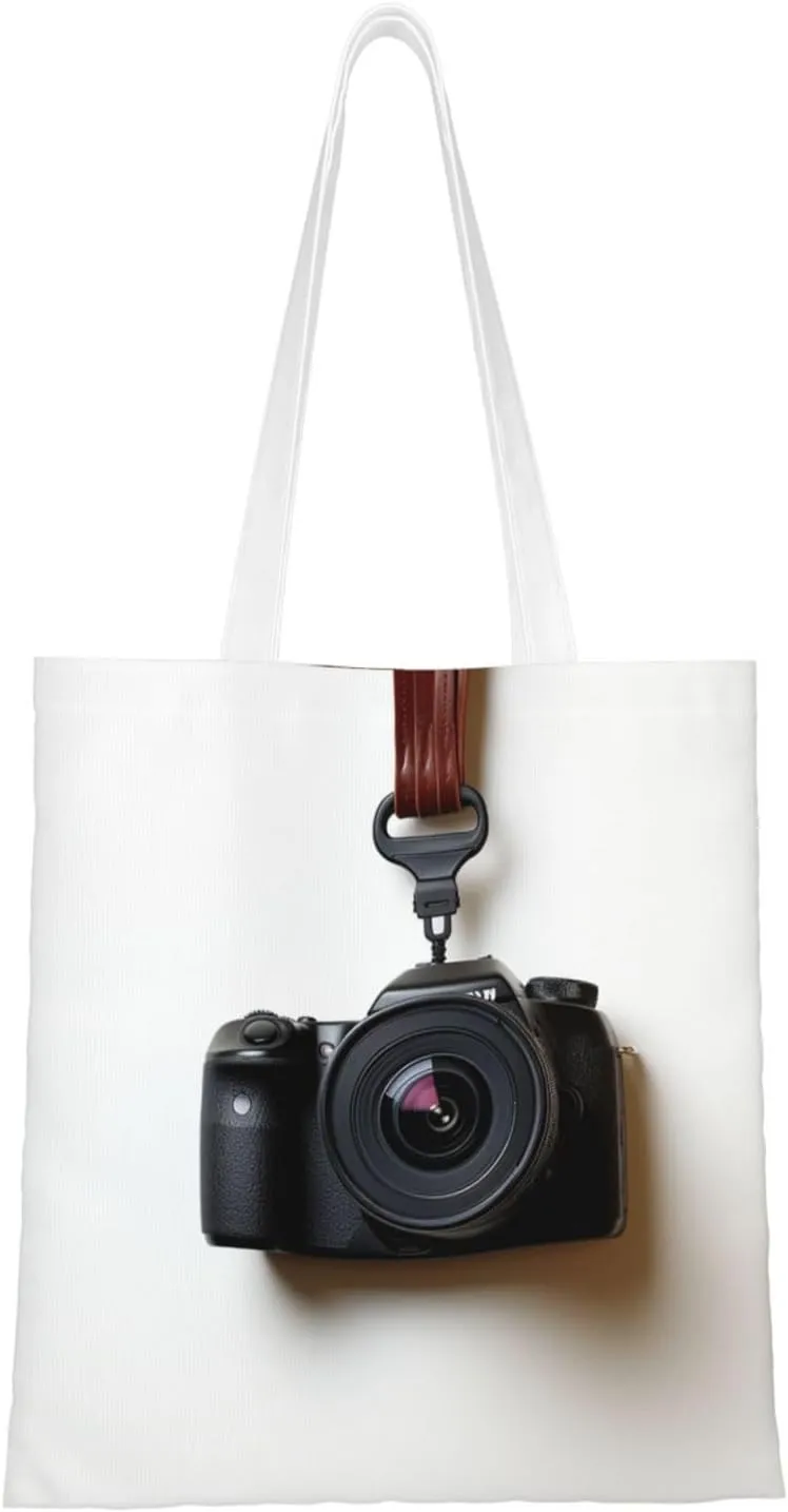 Canvas Tote Bag For Women Reusable Shopping Bag Casual Camera Hanging On White Wall Shoulder Bag Handbag For Travel